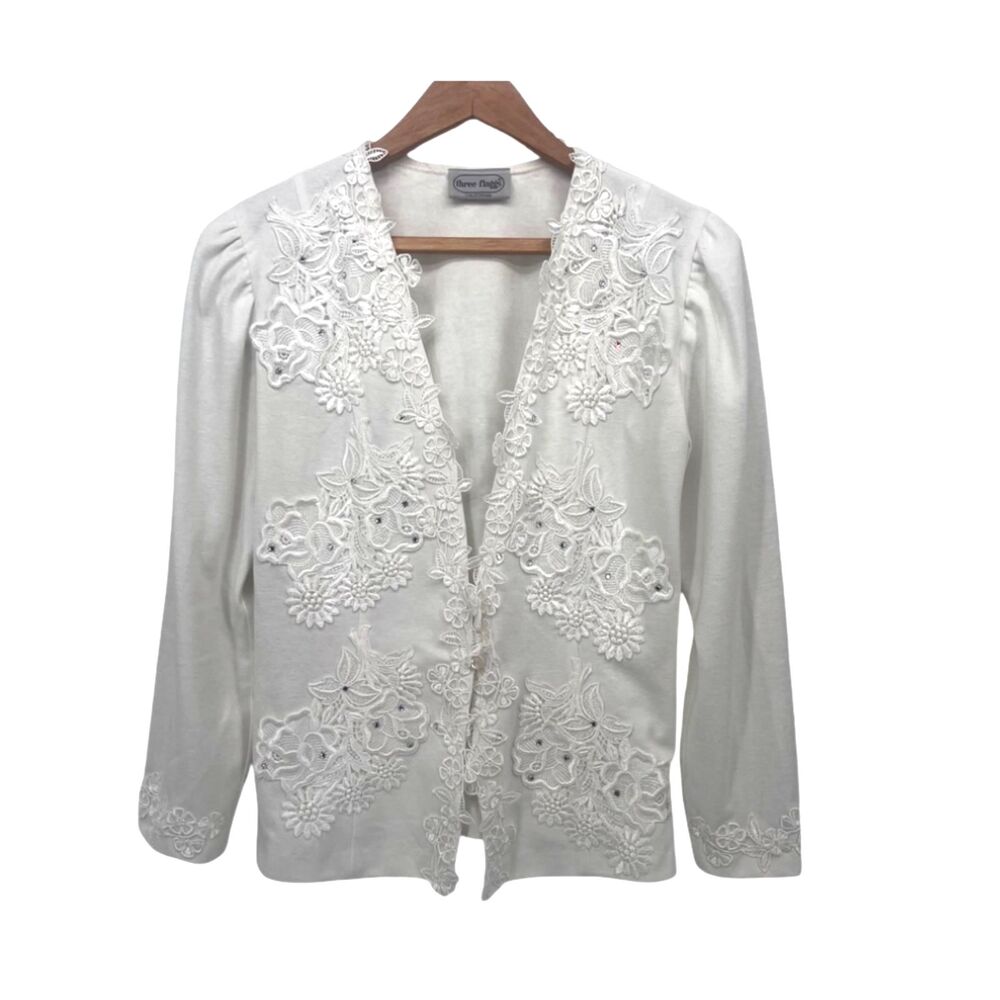 Three Flags Whimsical Lace Flower Trim Jeweled One Button Cardigan Size Small‎